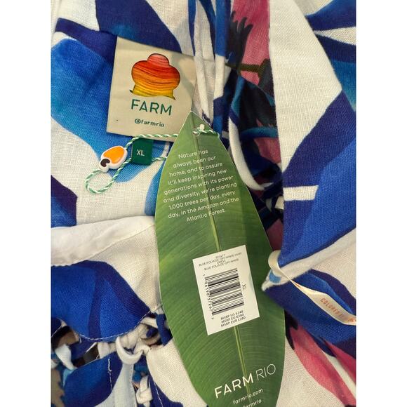 Farm Rio Blue Foliage Linen Laced Front Maxi Dress White Blue XL - Picture 11 of 13